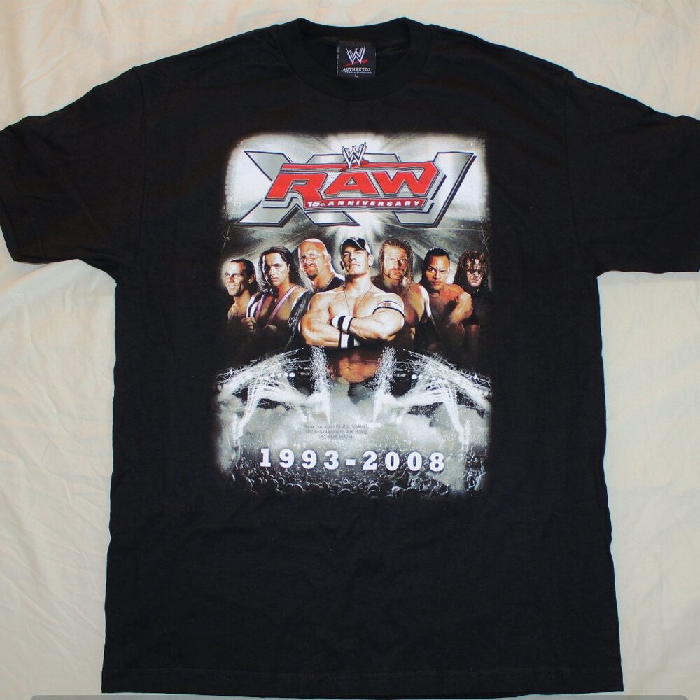 WWE RAW 15th Anniversary tee shirt 2008 Cena Rock Austin Undertaker Bret HBK new